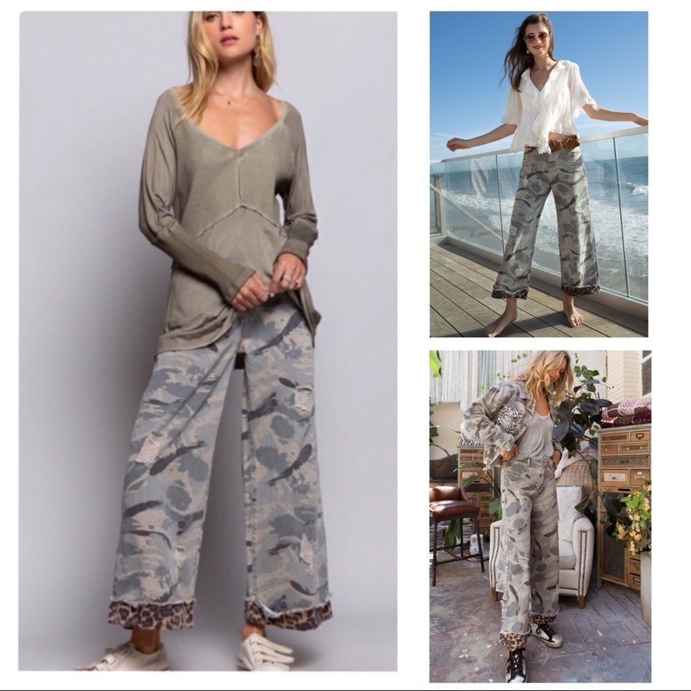 𝅺POL Grey Camo Jeans with Leopard Trim